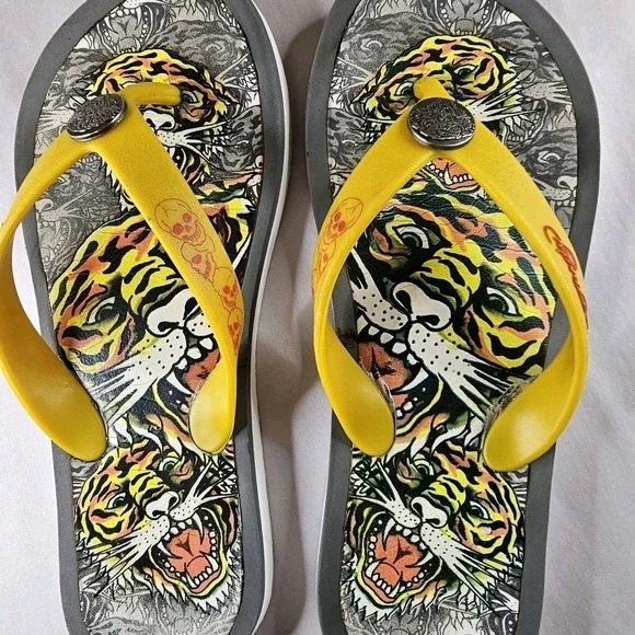 Y2K‎ Ed Hardy Tiger Skull Flip Flop Sandals Yellow Women's Size 5/6 - Picture 4 of 13